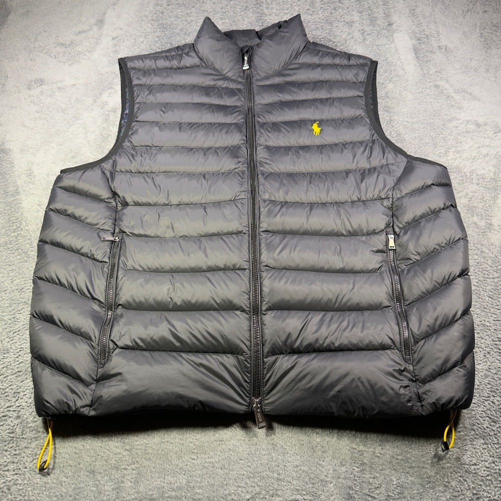 Polo Ralph Lauren Mens Puffer Vest Gray Plaid Lined Yellow Pony XL